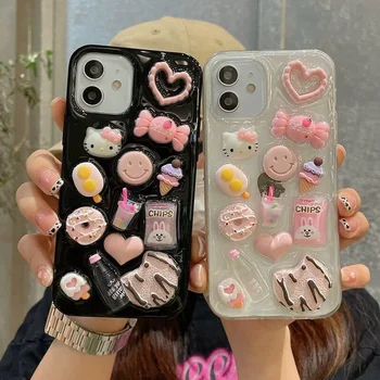 3D Sanrio Hello Kitty милые розовые Мультяшные Чехлы Для Телефонов С Конфетами Для iPhone 15 14 13 12 11 Pro Max XR XS MAX 8 X 7 SE 2020 Задняя Крышка