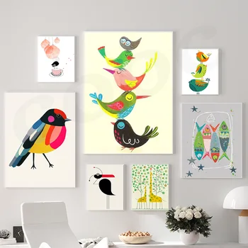 Милые птицы, красочные плакаты с животными, принты, настенное искусство для детской, холст, картина, детское изображение, Детская комната, домашний декор