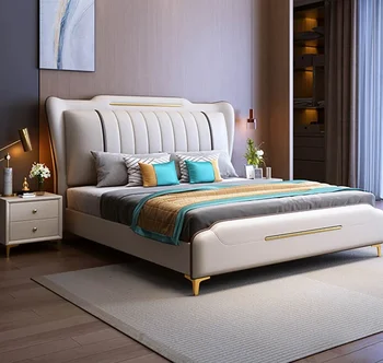 Итальянская минималистская кожаная кровать, двуспальная кровать для хранения вещей в главной спальне, высококлассная, величественная, современная и минималистичная