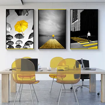 Скандинавские современные минималистичные картины на холсте, желтый и черный зонт, романтический плакат, Настенные художественные картины, декор для гостиной