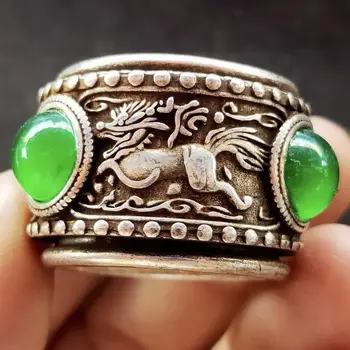 Китайское тибетское серебряное кольцо, мужское кольцо kylin pixiu, кольцо с халцедоном, кольцо Цинь, вращающееся тибетское серебряное кольцо