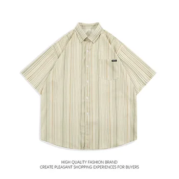 Летняя Полосатая Рубашка с короткими рукавами Junior Preppy Мужская Старинная Свободная Блузка Унисекс в стиле Хип-Хоп Cityboy Oversize Trend Blouse