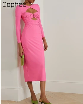 Сексуальное розовое платье миди с перекрученным крестом, женское платье-миди, весна и осень 2024, новые элегантные черные платья средней длины с эластичным бантом, облегающие фигуру