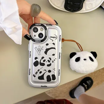 Плюшевый Чехол-Подвеска с Пандой для iPhone 15 14 13 12 Pro Max Защита Противоударный IPhone15 Милый Модный Чехол Korea INS